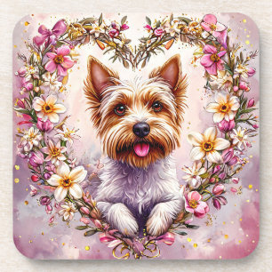 Adorable Yorkie Surrounded by Floral Wreath Beverage Coaster