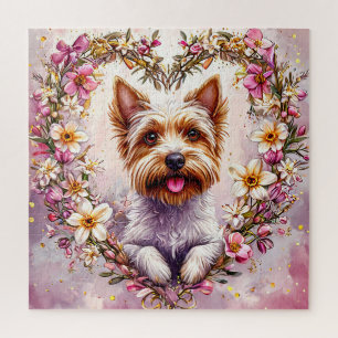 Adorable Yorkie Surrounded by Floral Wreath Jigsaw Puzzle