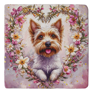 Adorable Yorkie Surrounded by Floral Wreath Trivet