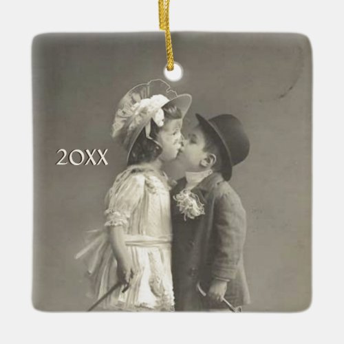 Adorable Young Love Antique Photo Add Year  Ceramic Ornament