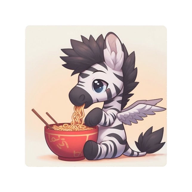 Adorable Zebra Angel Eating Ramen Metal Print (Front)