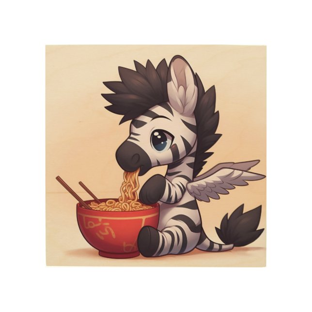 Adorable Zebra Angel Eating Ramen Wood Wall Art (Front)
