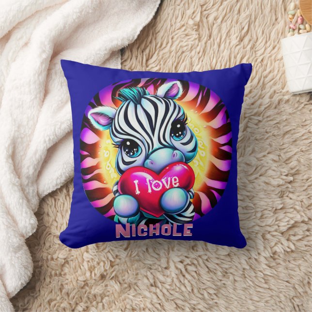 Adorable Zebra Holding Heart Throw Pillow (Blanket)