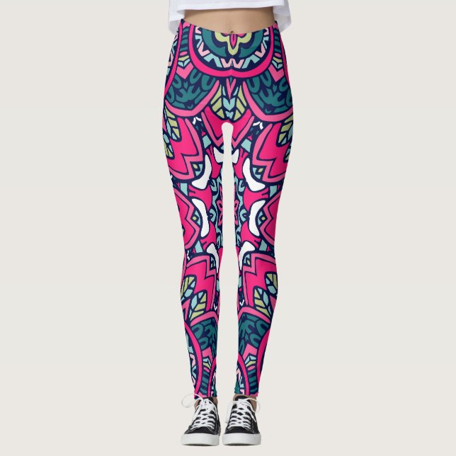 Adorables Bohemian Style Green and Pink and Blue Leggings (Front)