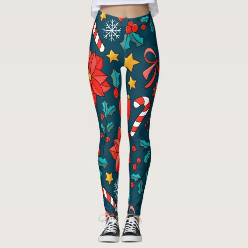 Adorables Christmas Candy Canes And Poinsettias Leggings