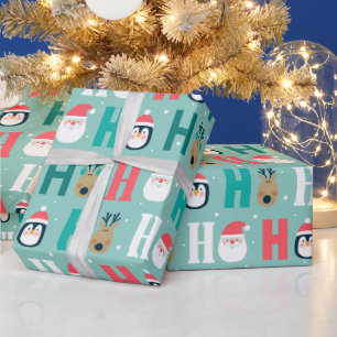 Adorables Christmas Ho Ho Ho Santas And Penguins Wrapping Paper