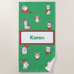 Adorables Christmas Llamas Custom  Beach Towel<br><div class="desc">Customize this Christmas llama beach towel with your name. Click on "Personalize" to enter yours or a loved one's name. Can you possibly get any cuter than this?</div>