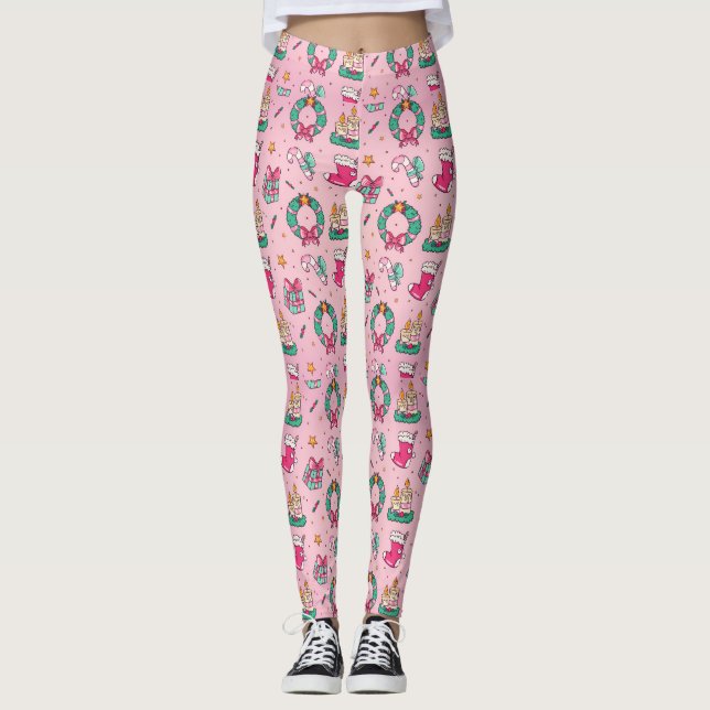 Adorables Christmas Pink Wreaths And Stockings Leggings (Front)