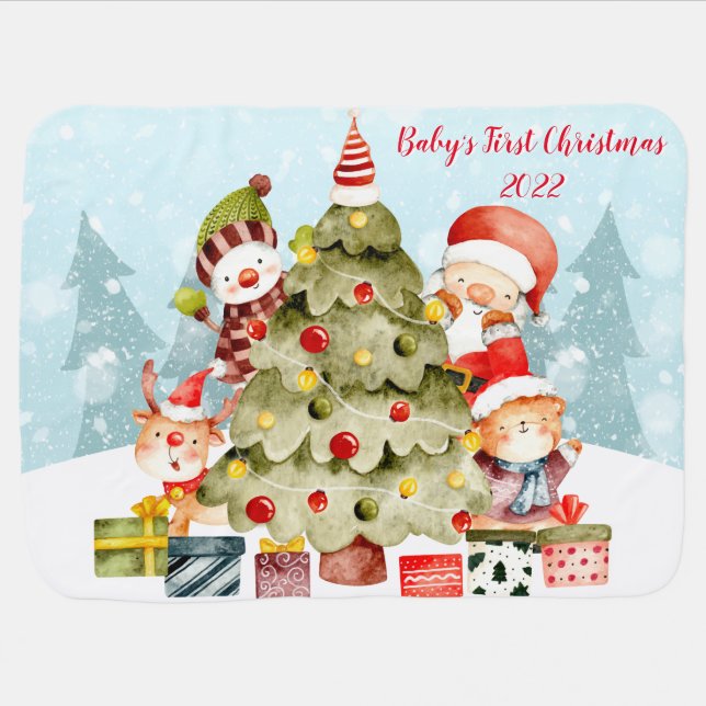 Adorables Christmas Santa And Friends Around Tree  Baby Blanket (Horizontal)