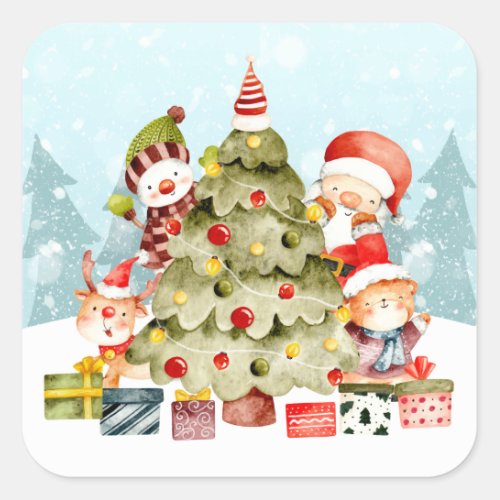 Adorables Christmas Santa And Friends Around Tree  Square Sticker