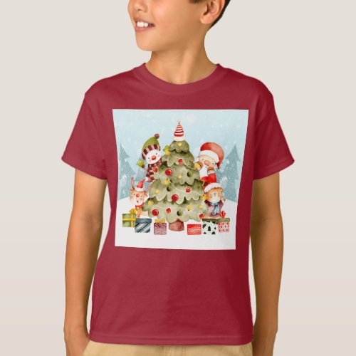 Adorables Christmas Santa And Friends Around Tree  T_Shirt