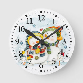 Adorables Christmas Snowman and Woman Round Clock