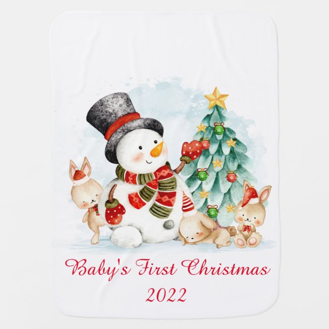 Adorables Christmas Snowman Bunnies And Tree  Baby Baby Blanket (Front)