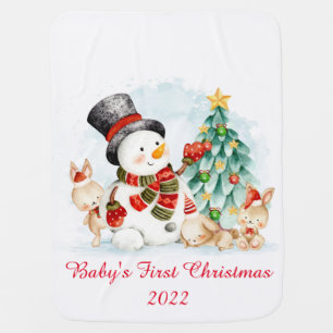Adorables Christmas Snowman Bunnies And Tree  Baby Blanket