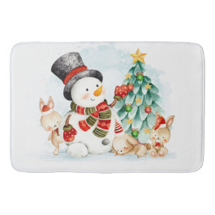 Adorables Christmas Snowman Bunnies And Tree   Bath Mat