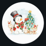 Adorables Christmas Snowman Bunnies And Tree    Classic Round Sticker<br><div class="desc">Cherubic image on a sheet of stickers of a beautiful watercolor painting of a snowman,  bunnies,  and a Christmas tree. Makes a gorgeous gift for your favorite loved ones.</div>