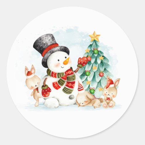 Adorables Christmas Snowman Bunnies And Tree    Classic Round Sticker