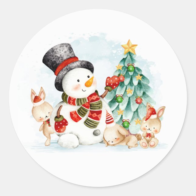 Adorables Christmas Snowman Bunnies And Tree    Classic Round Sticker (Front)