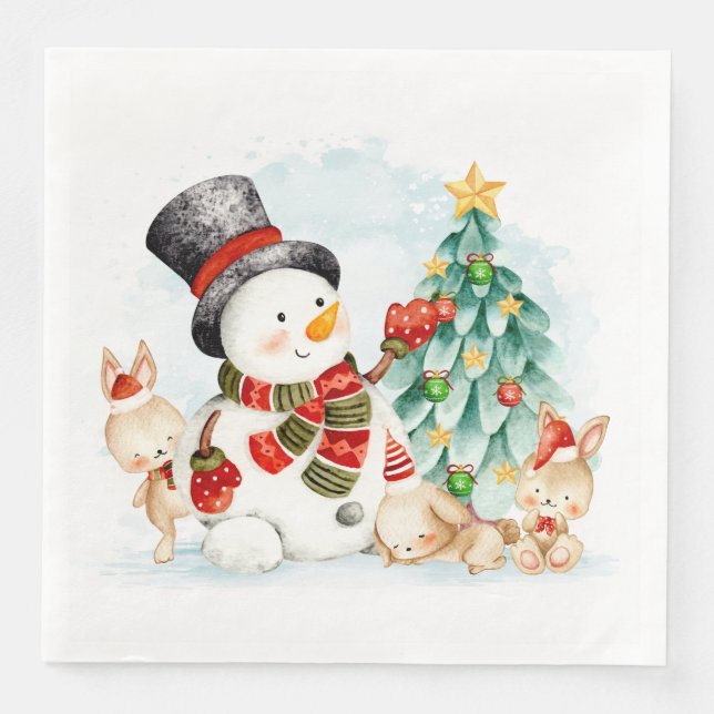 Adorables Christmas Snowman Bunnies And Tree   Paper Dinner Napkins (Front)
