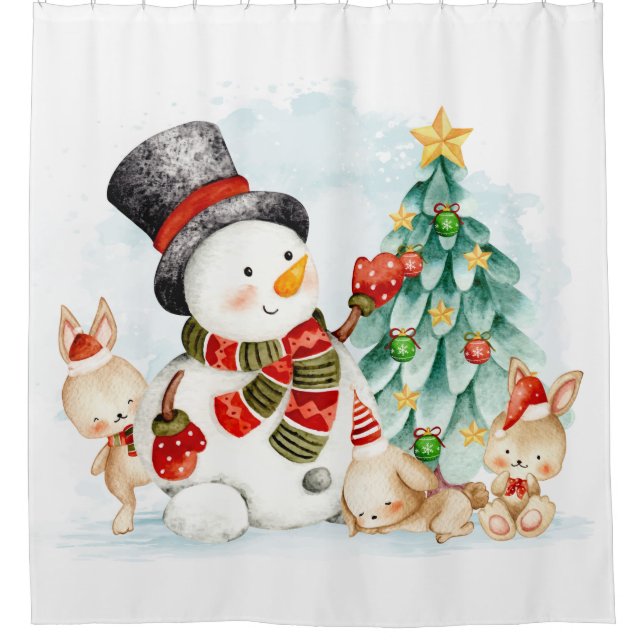 Adorables Christmas Snowman Bunnies And Tree  Shower Curtain (Front)