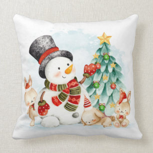 Adorables Christmas Snowman Bunnies And Tree Throw Pillow