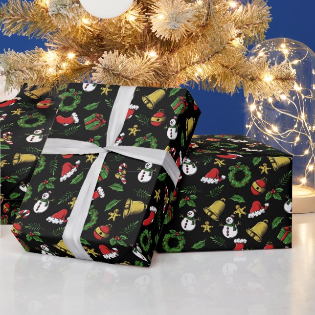 Adorables Christmas Snowmen Bells And Wreaths Wrapping Paper (Holidays)