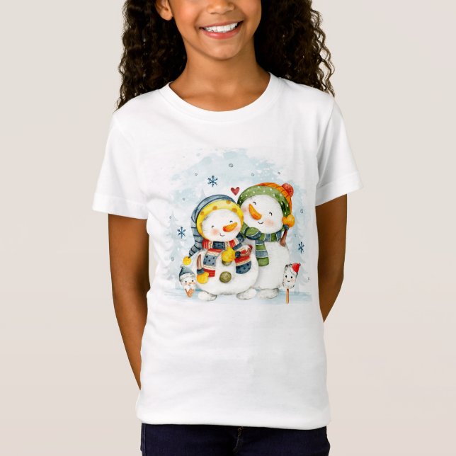 Adorables Christmas Snowmen Hugging T-Shirt (Front)