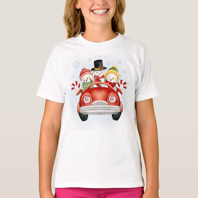 Adorables Christmas Snowmen In A Car T-Shirt (Front)