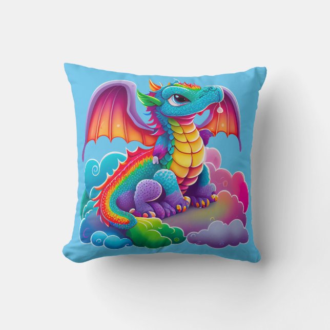 Adorables Colorful Dragon Cartoon Blue Throw Pillow (Front)