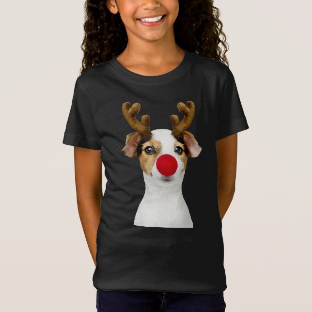 Adorables Cute Puppy With Antlers Christmas T-Shirt (Front)
