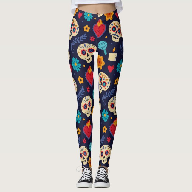 Adorables Day of the Dead Calavara Style Yoga  Leggings (Front)