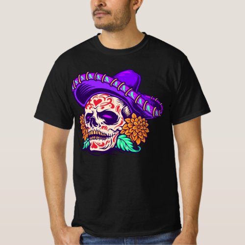 Adorables Day of the Dead Skull With Purple Hat T_Shirt