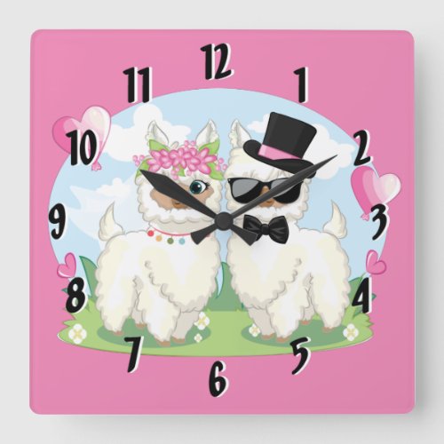 Adorables Llama Love Cute Llama Couple Pink Square Wall Clock