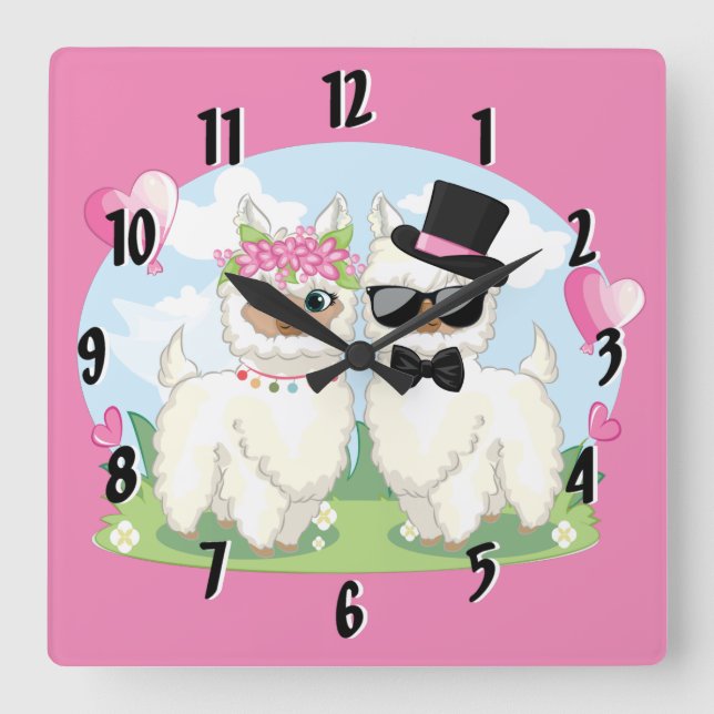 Adorables Llama Love Cute Llama Couple Pink Square Wall Clock (Front)