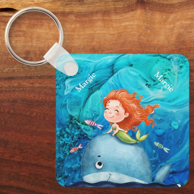 Adorables Ocean Creatures Mermaid And Whale Custom Keychain (Front)