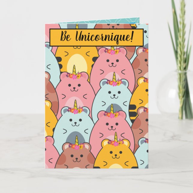 Adorables Unicorn Kitties "Be Unicornique" Card (Front)