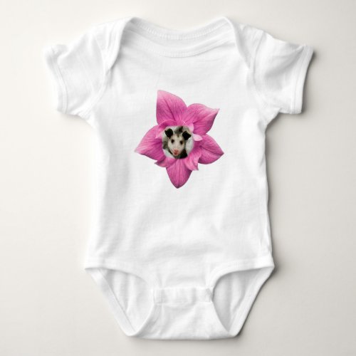 Adorably Cute Baby Smiling Baby Opossum Floral Baby Bodysuit