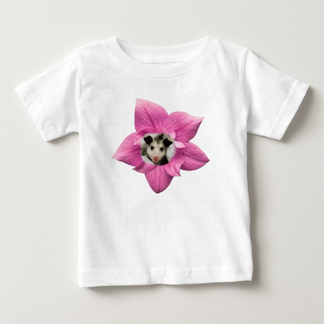Adorably Cute Baby Smiling Baby Opossum Floral T-Shirt (Front)
