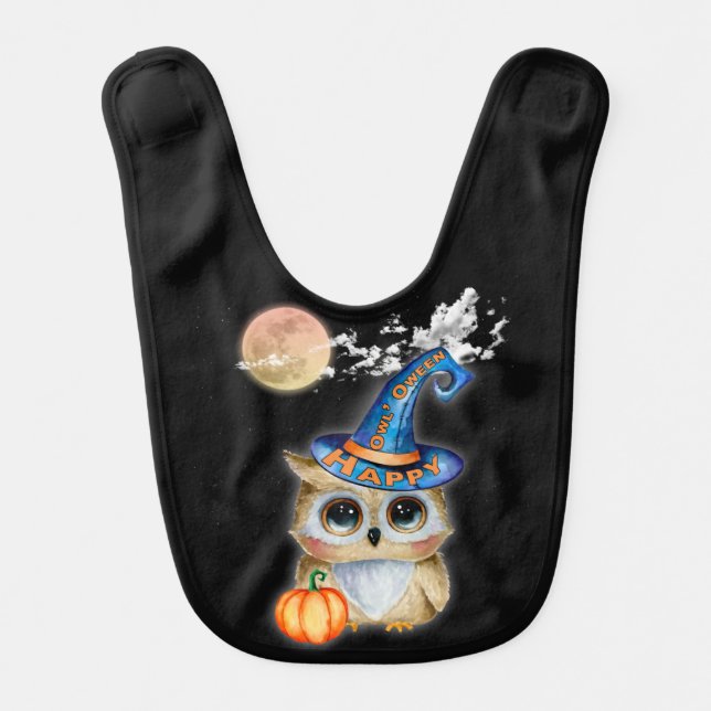 Adorably Cute Happy “Owl’Oween” Baby Bib (Front)