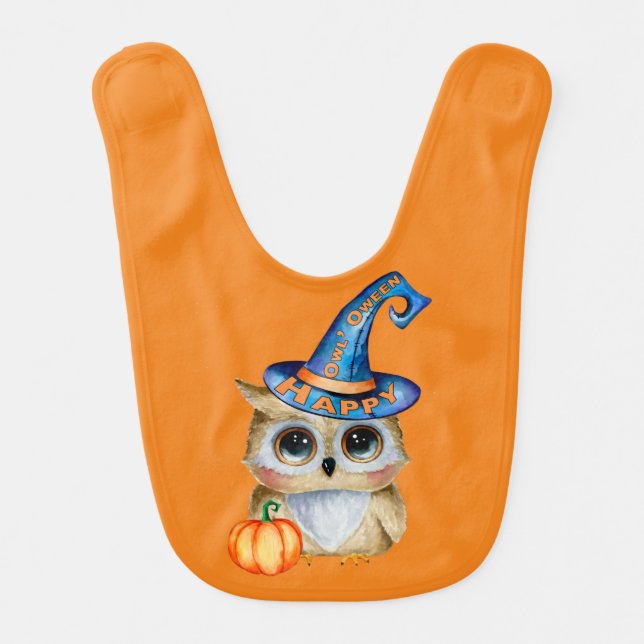 Adorably Cute Happy “Owl’Oween” Baby Bib (Front)
