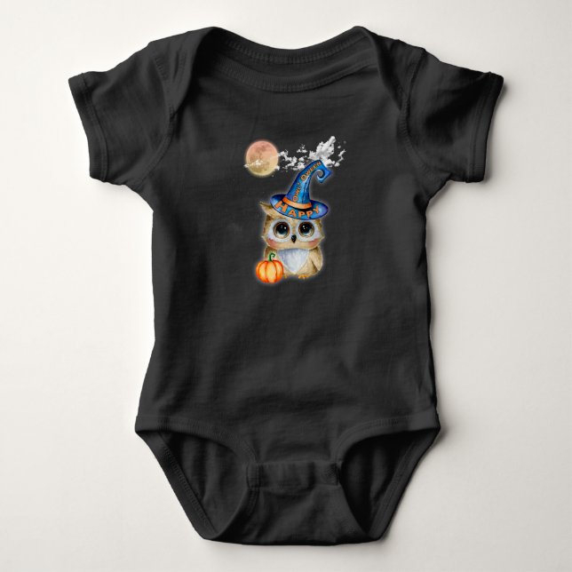 Adorably Cute Happy “Owl’Oween” Baby Bodysuit (Front)