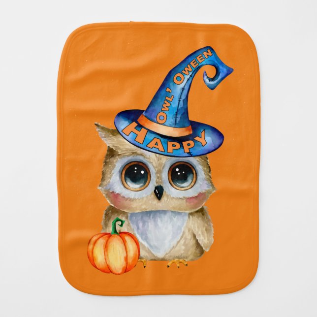 Adorably Cute Happy “Owl’Oween” Baby Burp Cloth (Front)