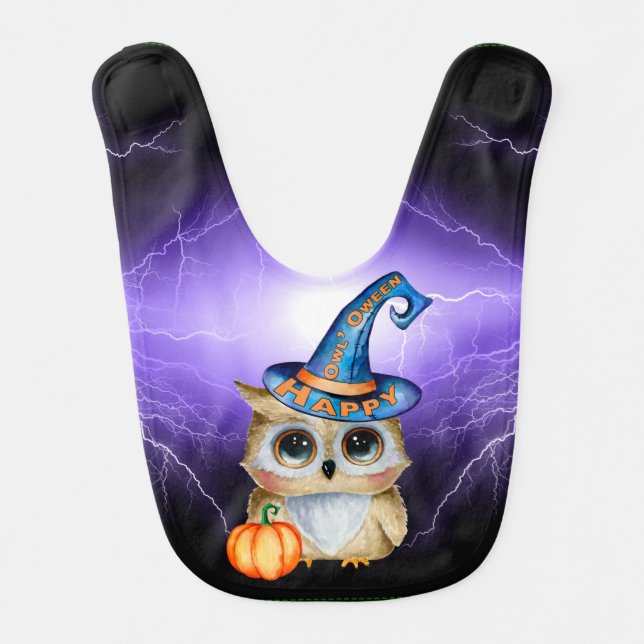 Adorably Cute Happy “Owl’Oween” Lightning Baby Bib (Front)