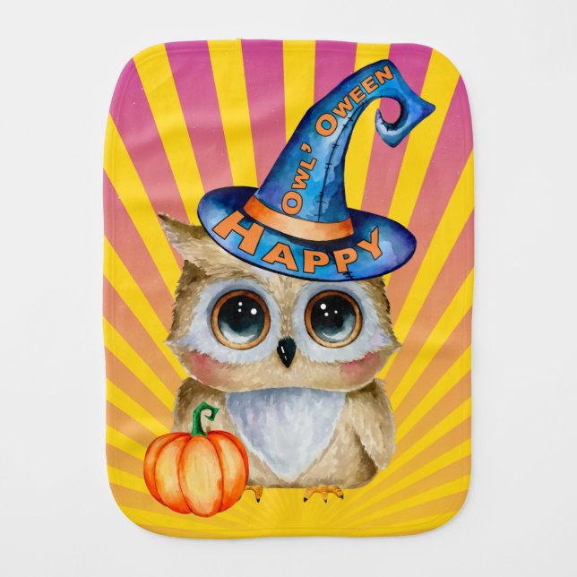 Adorably Cute Happy “Owl’Oween” Sunburst Baby Burp Cloth (Front)