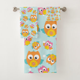 Adorably Cute Orange and Pink Owl Pattern Bath Towel Set