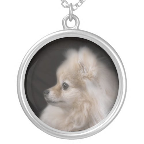Adorably Cute Posing Pomeranian Puppy Silver Plated Necklace