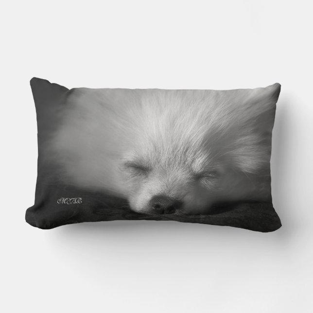 Adorably Cute Snoozing Pomeranian Monogram Lumbar Pillow (Front)