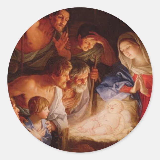 Adoration-of-baby-Jesus-by-shepherds-reni Classic Round Sticker (Front)