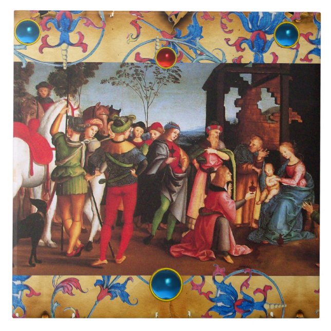 ADORATION OF MAGI CHRISTMAS FLORAL PARCHMENT, GEMS CERAMIC TILE (Front)