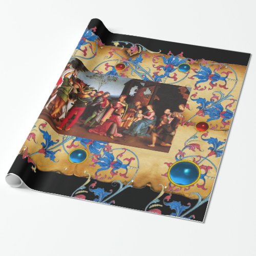 ADORATION OF MAGI CHRISTMAS FLORAL PARCHMENT GEMS WRAPPING PAPER